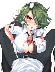 anjou_haruki blush breast_squeeze breasts cleavage cleavage_cutout cum cum_on_hair ejaculation eye_patch facial female ginichi_(toot08) gloves green_hair hair_ornament hair_over_one_eye hat impossible_clothes impossible_shirt large_breasts male necktie open_mouth orange_eyes otonashi_kiruko paizuri pantyhose penis police police_uniform policewoman pov red_eyes ringed_eyes shinmai_fukei_kiruko-san short_hair simple_background skirt straight tear uniform white_background white_gloves