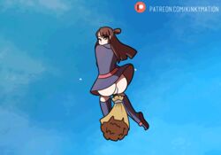 akko_kagari animated artist_name ass blush bottomless broom broom_riding brown_hair clothing clouds dialogue embarrassed english_text female female_only hair kinkymation little_witch_academia long_hair patreon pussy sky solo sucy_manbavaran text