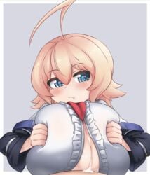 1boy 1girls big_breasts blazblue blonde_hair blue_eyes cleavage cum cum_between_breasts engulfing_paizuri es_(xblaze) expressionless female light-skinned_female light-skinned_male light_skin long_hair male nipples paizuri paizuri_under_clothes pldf straight xblaze