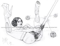 2012 a_new_hope actress anal_insertion anal_object_insertion anus armando_huerta ass black_and_white carrie_fisher celebrity lightsaber lightsaber_in_ass monochrome princess_leia_organa star_wars tagme uncensored watermark