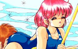 90s alice_soft ayumi-chan_monogatari ayumi_(ayumi-chan_monogatari) breasts cunnilingus female game_cg lowres oldschool one-piece_swimsuit oral pool red_hair school_swimsuit short_hair sitting swimsuit