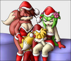 1boy 2futas anal anal_sex anthro ass_grab bent_over blue_eyes blush breasts brown_hair canine christmas cleavage clothed_sex cosmo_the_seedrian dark-skinned_female dickgirl erection fellatio female femboy femdom fiona_fox fox fur furry futa_on_male futadom futanari green_hair hair hat herm herm_on_male holidays intersex knownvortex larger_female light-skinned_female male oral oral_sex penis santa_hat sega sex sonic_(series) straight tails threesome