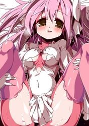 blush bow breasts brown_eyes cleavage cleavage_cutout cum cum_on_body cum_on_lower_body dress female hairbow human long_hair madoka_kaname mahou_shoujo_madoka_magica miuku_(marine_sapphire) pink_hair pink_legwear solo thighhighs two_side_up ultimate_madoka