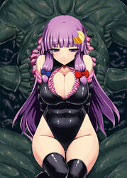 biosuit bondage bow breasts cleavage female hair_ornament ishimiso_(ishimura) latex leotard living_clothes living_clothing long_hair monster patchouli_knowledge purple_eyes purple_hair red_bow restrained sitting solo thighhighs touhou