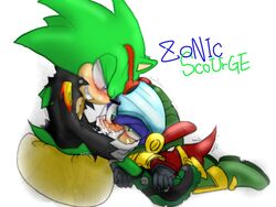 anthro blue_eyes blue_hair blush cum eyeswear fellatio fur gloves green_body green_eyes hair hedgehog leather_jacket male male_only multiple_males oral oral_sex penetration penis plain_background scar scourge_the_hedgehog sega sex shoes smile sonic_(series) sunglasses tailwag teeth white_background yaoi zonic_the_zone_cop