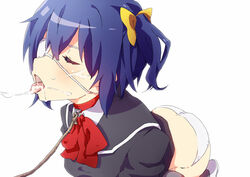 black_legwear blue_hair blush bondage chuunibyou_demo_koi_ga_shitai! closed_eyes collar cum cum_string facial female leash long_hair mochi_hanpen open_mouth panties side_ponytail simple_background slave solo takanashi_rikka thighhighs tongue tongue_out underwear white_background white_panties