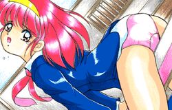 90s alice_soft ayumi-chan_monogatari ayumi_(ayumi-chan_monogatari) crotch_rub female game_cg hairband looking_back lowres masturbation necktie oldschool panties pantyshot plaid_skirt red_hair rubbing school_uniform short_hair sitting skirt tears