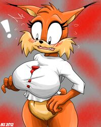 ! anthro big_breasts blush bottomless breasts bubsy feline clothing feline female monkeyxflash navel pussy rule_63 shirt video_games