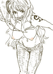 artist_request bikini bikini_top bra_lift female female_only hat hat_lift jeans monochrome nami nipples oekaki one_piece post-timeskip rough_sketch tattoo topless trousers