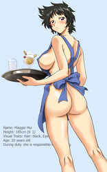 apron areola_slip areolae ass black_hair blush breasts character_profile dessert drink drinking_glass embarrassed english erect_nipples food from_behind graf_zeppelin highres holding ice_cream kneepits large_breasts legs looking_back maggie_mui messy_hair naked_apron purple_eyes r.o.d_the_tv read_or_die short_hair sideboob simple_background standing sweatdrop ta152_(graf_zeppelin) tray waitress