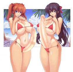 2futas beach bikini black_hair blush bow bows breasts cleavage curvy elzikyuchi erect_nipples erection futa_only futa_sans_balls futa_with_futa futanari futanari_edit huge_breasts huge_cock hyper hyper_penis intersex long_hair long_penis mogudan nipple_bulge nipples no_testicles panties penis penis_out penis_size_difference photoshop purple_eyes red_hair swimsuit tropical