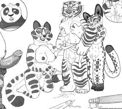 anthro black_and_white breast_grab breasts clouded_leopard dreamworks feline female fingering fur furry genesisdream kung_fu_panda male master_tigress mei_ling mei_ling_(kung_fu_panda) monochrome nervous nipples panda penis po pussy_juice song_(kung_fu_panda) surprised tiger yuri