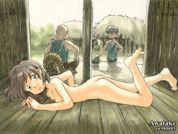 awatake_takahiro barefoot blue_eyes brown_hair clothed_male_nude_female cmnf cute feet grey_hair house looking_at_viewer lying nude on_stomach original short_hair smile village