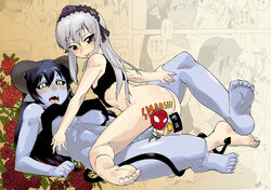 ass astaroth astaroth_(shinrabanshou) barefoot black_sclera blue_hair blue_skin bottomless breasts censored character_censor clothing crossover demon_girl erect_nipples erect_nipples_under_clothes feet female futa_on_female futa_with_female futanari grey_hair hair_on_head horns hyoukori_hyoutai intersex marvel marvel_comics muscle no_panties novelty_censor penis pointy_ears red_eyes rose rozen_maiden saliva saliva_trail shinrabanshou spider-man spider-man_(series) suigintou tail takatsu_keita tongue underboob yellow_eyes