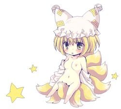 1girls between_legs blonde_hair breasts chibi fox_tail hat lowres matsusaka_gyuu multiple_tails nipples nude ran_yakumo short_hair tagme tail tail_between_legs touhou yellow_eyes