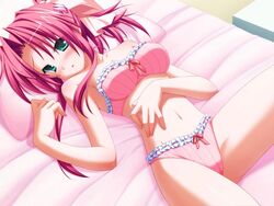 bed blush bra breasts censored green_eyes hair_ornament hair_ribbon hair_ribbons hinata_mutsuki human large_breasts lingerie long_hair lying navel on_back panties pia_carrot_(series) pink_bra pink_hair pink_panties red_hair ribbon satou_hina underwear underwear_only welcome_to_pia_carrot welcome_to_pia_carrot_g.p.