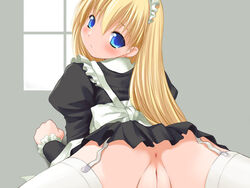 anus blonde_hair blue_eyes blush cameltoe character_request game_cg head_turn long_hair looking_at_viewer maid pov spread_legs thighhighs uncensored