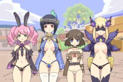 4girls accidental_exposure animal_ears animated areolae bangs between_labia black_gloves black_hair black_legwear black_panties black_sleeves blindfold blonde_hair blue_sky blunt_bangs blush breasts bunny_ears cameltoe castle character_request cleavage closed_eyes closed_mouth cloud collarbone day detached_sleeves elbow_gloves enf erect_nipples exposed exposed_pussy eyebrows_visible_through_hair fantasy_earth_zero female female_only female_with_female gloves henshitai_(user_cuvp2733) huge_breasts innie_pussy jump_cycle jumping large_breasts line_up long_hair long_sleeves looking_at_viewer medium_breasts multiple_girls navel nipples open_mouth outdoors panties panty_pull partially_visible_vulva pink_hair pussy side-tie_panties sky small_breasts smile standing thighhighs twintails uncensored underwear wardrobe_malfunction waving white_legwear wide_hips