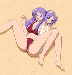 1girls 3_legs anus bikini breasts cameltoe conjoined female female_only hair_ribbon human kagami_hiiragi lucky_star multi_anus multi_breast multi_genitalia multi_head multi_leg multi_limb multi_pussy purple_hair pussy siblings sisters solo solo_focus swimsuit tsukasa_hiiragi twins