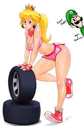 1boy 1girls 2014 ass blonde_hair blue_eyes breasts cleavage crown earrings female fingerless_gloves gloves izra large_breasts looking_at_another looking_at_viewer luigi male mario_(series) mario_kart meme navel nintendo ponytail princess_peach shoes shorts sneakers tank_top tied_hair tire voyeur