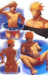 ass asu_no_yoichi asu_no_yoichi! banana_hammock bara barefoot blush bulge clothed_erection erection feet male male_only muscles nikism nude nude_male outdoors penis solo sousuke000 speedo washizu_ryou water zenra