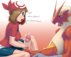 1boy 1girls apostle bandana bike_shorts blaziken blue_eyes breasts brown_hair cum female female_human femdom furry handjob human male male/female male_blaziken male_pokemon male_pokemon/female_human malesub may_(pokemon) penis pokemon pokemon_(species) pokemon_rse pokephilia saliva straight_hair uncensored