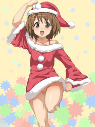 baanin bare_shoulders bottomless brown_eyes brown_hair female female_only hair_ornament hairclip hat human human_only k-on! miyabi_maou no_panties open_mouth santa_costume santa_hat small_breasts solo upskirt wind_lift yui_hirasawa_(k-on!)