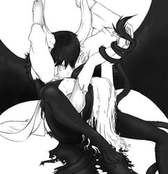 1boy 1girls arrancar barefoot bleach bound_hands bound_wrists breasts cunnilingus espada female horns inoue_orihime long_hair male monochrome nipples oral resurreccion spoilers tail top-down_bottom-up torn_clothes ulquiorra_cifer wings