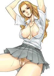 1girls bleach blonde_hair breasts censored female female_only gus_(clarkii) large_breasts long_hair matsumoto_rangiku mole no_bra no_panties open_clothes open_shirt pubic_hair pussy school_uniform shirt solo sweat