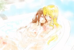 2girls bath bathing blonde_hair blush breasts brown_hair closed_eyes couple cuddle cuddling fate_testarossa female hand_holding happy holding_hands hug long_hair love lyrical_nanoha mahou_shoujo_lyrical_nanoha mahou_shoujo_lyrical_nanoha_a's mahou_shoujo_lyrical_nanoha_strikers mutual_yuri nipples nude sketch smile steam takamachi_nanoha tokoharu water wet yuri