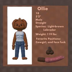 3d 3d_(artwork) 4_fingers 4_toes anthro anthro_male anthro_only balls ballsack barefoot blue_pants brown_balls brown_body brown_dog brown_fur brown_pawpads brown_skin bulge bulge_through_clothing bulge_under_clothes canine_genitalia canine_penis character_sheet clothed clothed_anthro clothed_male cock dick disembodied_penis dog dog_boy dog_ears erect_penis erection flaccid flaccid_penis high_quality information_sheet knot knotted_penis long_penis model model_sheet oc ollie_(syntholsoul) original original_character pants pawpads paws penis rec_room red_penis self_upload shaded sheath shirt short_male solo solo_anthro solo_focus solo_male syntholsoul tank_top text white_shirt