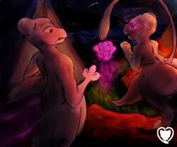 6:5 ass big_butt big_penis campfire camping clasped_hands detailed_background dialogue duo flower generation_1_pokemon genitals glowing glowing_eyes grass heart_eyes heart_symbol hi_res humanoid hurricane_weaver imminent_sex legendary_pokemon looking_down mew_(pokemon) mewtwo night nintendo penis plant pokemon pokemon_(species) psychic_powers raised_tail shooting_star sitting star tail tent warm_lighting watermark