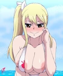 1girls areolae areolae_slip big_breasts bikini bikini_bottom bikini_top blonde-haired_female blonde_hair bottomwear breast_focus breasts brown_eyes dalley_le_alpha fairy_tail female female_only hair huge_breasts lucy_heartfilia ponytail smile solo solo_female swimwear tied_hair topwear upper_body upper_body_focus water white_bikini