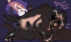 absurd_res ambiguous_gender anthro anvil_position arm_tattoo blush bodily_fluids breeding_kink brown_body brown_fur brown_hair buttplug canid canine canis closed_eyes collar cuff_(restraint) cum cum_inside curly_hair dialogue duo ejaculation english_text fabtool felid feline fluffy fluffy_hair fluffy_tail from_front_position fur genital_fluids genitals good_boy hair hand_on_face hi_res impregnation internal jules_(fabtool) leash leather leather_cuffs legs_up male mammal mating_press micah_(latexslug) muzzle_(object) mythological_canine mythological_creature mythology paws penetration penile penile_penetration penis plug_(sex_toy) praise restraints sex sex_toy submissive submissive_male tail tail_motion tailwag tattoo text trans_(lore) trans_man_(lore) vein veiny_penis werecanid werecanine werecat werecreature werefelid werefeline werewolf wolf