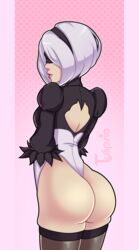 1girls ass behind_view big_ass blindfold hair_ornament leotard lipstick nier:_automata solo solo_female square_enix stockings tulipsie white_hair yorha_2b