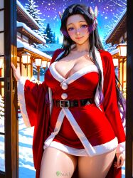 0assult0 1woman ai_generated beautiful beautiful_background belt butterfly butterfly_hair_ornament christmas christmas_clothing collarbone dead deceased demon_slayer fantasy female_focus forest_background garden heavenly_face kochou_kanae lamp large_breasts looking_at_viewer night perfect_body pine_tree purple_eyes_female purple_hair samurai santa_dress semi_realistic sexy shonen_jump smiling snow solo stars sultry_eyes swordswoman tatami thick_thighs trees upper_body voluptuous_female waifu waifu_diffusion wood wooden_door wooden_floor