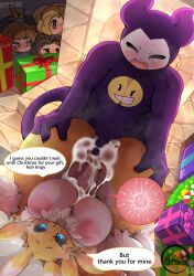 anthro bandai_namco big_breasts blue_eyes bodily_fluids breasts cum cum_in_pussy cum_inside digimon digimon_(species) duo female female_fox fox fur genital_fluids genitals green_eyes hi_res hinata_sakamoto holidays imp impmon impregnation male male/female monster_boy nipples ovum piledriver_position purple_body renamon rika_nonaka rumiko_nonaka seiko_hata sex sperm_cell vixen vulva yellow_body yellow_fur