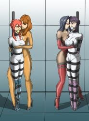 arms_behind_back asylum ball_gag bondage bound bound_arms bound_legs collar elbow_gloves female female_only femdom femsub fully_clothed gag gagged glasses gloves groping high_heels hkr06 hourglass_figure lezdom lipstick long_gloves makeup png posture_collar shiny_clothes small_waist stationary_restraints thighhighs tight_clothing