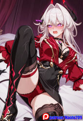 1girls ai_generated black_bra black_skirt devil_tail horn naotopanchira panties pantyshot pencil_skirt purple_eyes red_jacket solo_focus succubus thelema thelema_(honkai_impact) thelema_nutriscu upskirt white_hair