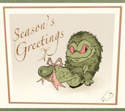 accessory alien balls big_balls big_penis christmas christmas_present claws crites_(critters) critters_(films) cursive english_text erection feral foreskin fur genitals gift gift_wrapped green_body green_fur greeting_card hi_res holiday_message holidays huge_cock hyper hyper_genitalia hyper_penis ketchup_veins looking_aside male nude_male penis penis_accessory penis_bow penis_ribbon pink_ribbon pubes red_eyes retracted_foreskin ribbon_on_penis ribbons scruffy signature small_but_hung smile solo spooky_dune standing text vein veiny_penis