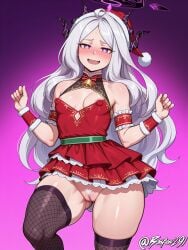 ai_generated areola_slip areolae_slip blue_archive bonfen291 christmas_outfit cleavage_cutout covered_nipples female fishnet_thighhighs gradient_background half-closed_eyes halo halter_dress hina_(blue_archive) horns huge_nipples knee_up long_hair looking_at_viewer miniskirt nervous nipple_slip nipples_visible_through_clothing open_mouth purple_background purple_eyes red_dress santa_hat self_upload short_dress small_breasts smile solo w_arms wavy_mouth white_hair