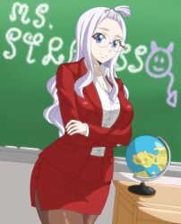 1girls big_breasts blouse blue_eyes breasts button_down_shirt chalk chalkboard classroom classroom_background cleavage collarbone fairy_tail front_ponytail glasses glistening globe hair_up large_breasts long_hair mirajane_strauss office_lady pantyhose red_suit round_glasses sidelocks smile table teacher thick_thighs thighs thin_waist trenganfinn29 white-haired_female white_hair white_shirt wide_hips