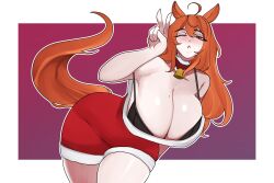 absurdres ahoge animal_ears armpits bell big_breasts black_bra bra breasts brothbowl cleavage collar curvy dress highres horse_ears horse_girl horse_tail huge_breasts indie_virtual_youtuber jingle_bell large_breasts long_hair lucahjin massive_breasts mature mature_female milf mole mole_on_breast mole_under_eye older_female one_eye_closed orange_eyes orange_hair red_dress santa_costume santa_dress tail teasing thick thick_thighs thighs tits underwear v virtual_youtuber voluptuous vtuber