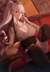 absurdres alcohol basket big_breasts blue_eyes boobs boots bread breasts cleavage cowlick cup drinking_glass female food geega grey_hair grey_shirt heterochromia highres indie_virtual_youtuber large_breasts looking_at_viewer massive_breasts ni_kumo_tsuku_ni painting_(object) pants picture_frame pointy_ears ponytail red_eyes shirt sidelocks sitting table thigh_boots tits underbust virtual_youtuber window wine wine_glass