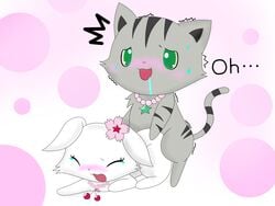 1boy 1girls blush closed_eyes drooling duo english_text feline female feral feral_on_feral interspecies jewelpet jewelpet_(species) male necklace open_mouth penetration rabbit ruby_(jewelpet) sex simple_background straight sweat tearing_up text tour_(jewelpet)