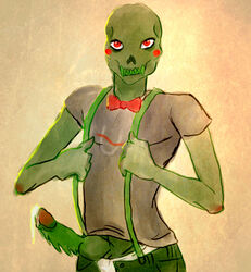 1boy bald bowtie caliborn cherub green_skin homestuck looking_at_viewer ms_paint_adventures no_nose overalls penis red_eyes sharp_teeth shirt solo weird_penis