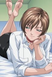1girls ai_generated alternate_costume arm_support bent_over bible_black bible_black_gaiden big_breasts blush breast_focus breasts brown_hair busty buttoned_shirt choker cleavage clothing collar collared_shirt crossed_legs feet feet_up female female_focus female_only full_body green_eyes hand_on_face head_rest high_resolution huge_breasts indoors long_toes looking_away looking_to_the_side lying lying_on_bed lying_on_stomach official_alternate_costume on_bed pencil_skirt pixie_cut posing posing_for_the_viewer sexy_body sexy_pose shido_saki shirt shirt_tucked_in short_hair sleeves_rolled_up smile soles solo swept_bangs teen teenage_female teenage_girl teenager the_pose voluptuous