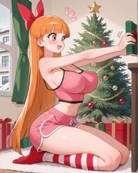 1girls aged_up ai_generated belly_button blossom_(powerpuff_girls) blunt_bangs blush book bow breasts christmas christmas_tree crop_top dolphin_shorts female fur_rug gift gift_box hairbow happy kneehighs kneeling large_breasts long_hair looking_at_object midriff motion_lines navel notice_lines notreallyhere open_mouth orange_hair perky_breasts pink_crop_top pink_eyes powerpuff_girls shorts snow solo star striped_legwear thighs very_long_hair