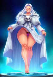 ai ai_generated barefoot black_panties blue_eyes blush breasts clenched_teeth clothes_lift covered_nipples dildo dress female female_only female_pubic_hair final_fantasy_xiv huge_breasts large_breasts long_hair looking_at_viewer mongrealai nipples object_insertion panties pubic_hair pussy pussy_juice robe see-through solo teeth thick_thighs thighs underwear vaginal_object_insertion vaginal_penetration venat_(ffxiv) white_hair