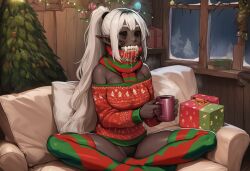 1girls ai_generated avril_(paigen) belt breasts christmas christmas_outfit christmas_tree clothed clothing dark_elf dark_skin drool drooling drow elf empty_eyes fangs female holidays hollow_eyes horror horror_(theme) long_hair medium_breasts monster_girl mug muscles no_eyes original original_character paigen pointy_ears ponytail saliva scarf sharp_teeth stockings toned_body toned_female undead vampire vampire_fangs vampire_girl white_hair
